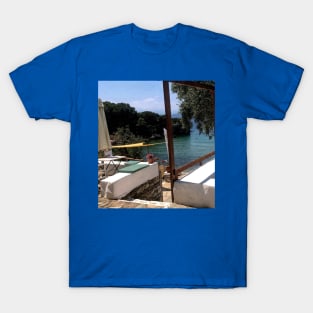 Paradise view on blue sea and beach from Mediterranean balcony in Greece T-Shirt